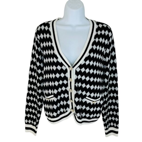 Elie Tahari Women's Size L Diamond Pattern Black Ivory Cardigan Sweater NWT - Picture 1 of 9